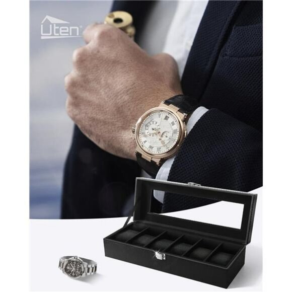 Uten Watch Box Glass Display Organizer 6 Slot PU Leather Case for Men Women - Picture 7 of 8